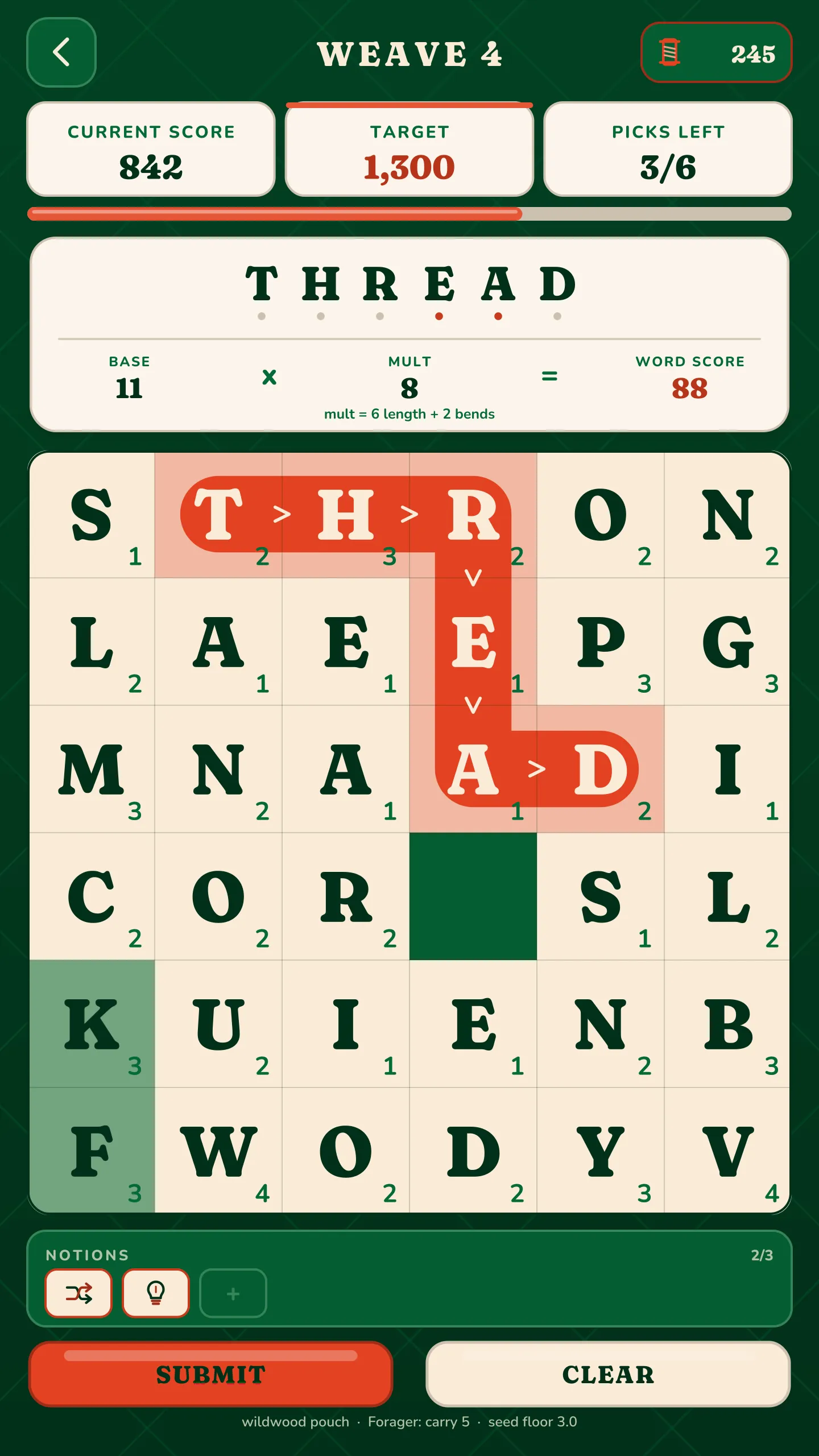 Weave 4 in play: THREAD traced through a 6×6 letter grid with two bends, scoring base 11 × mult 8 = 88 toward a target of 1,300.