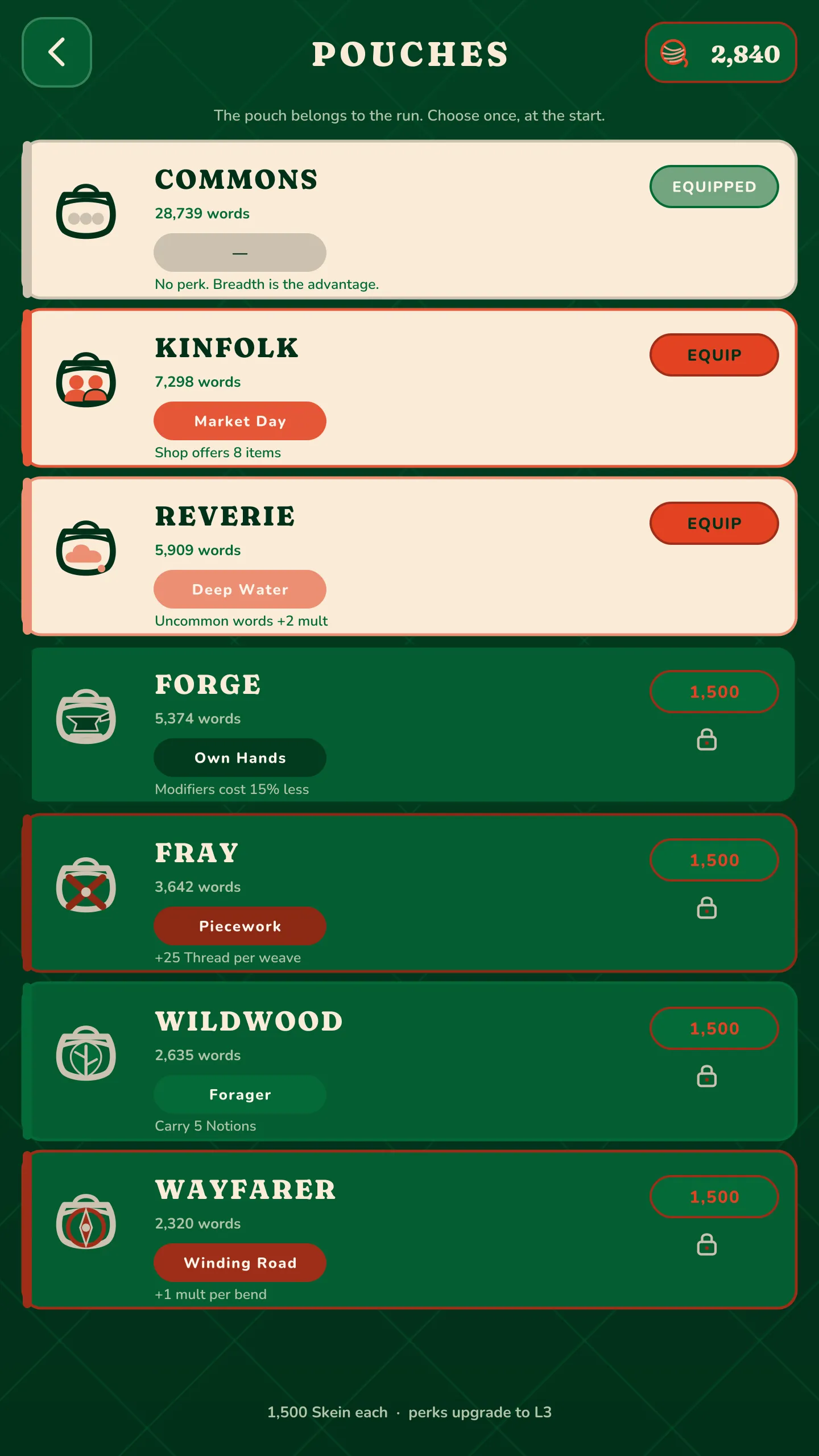 The Pouches screen: Commons, Kinfolk, Reverie, Forge, Fray, Wildwood and Wayfarer, each with its word count and perk.