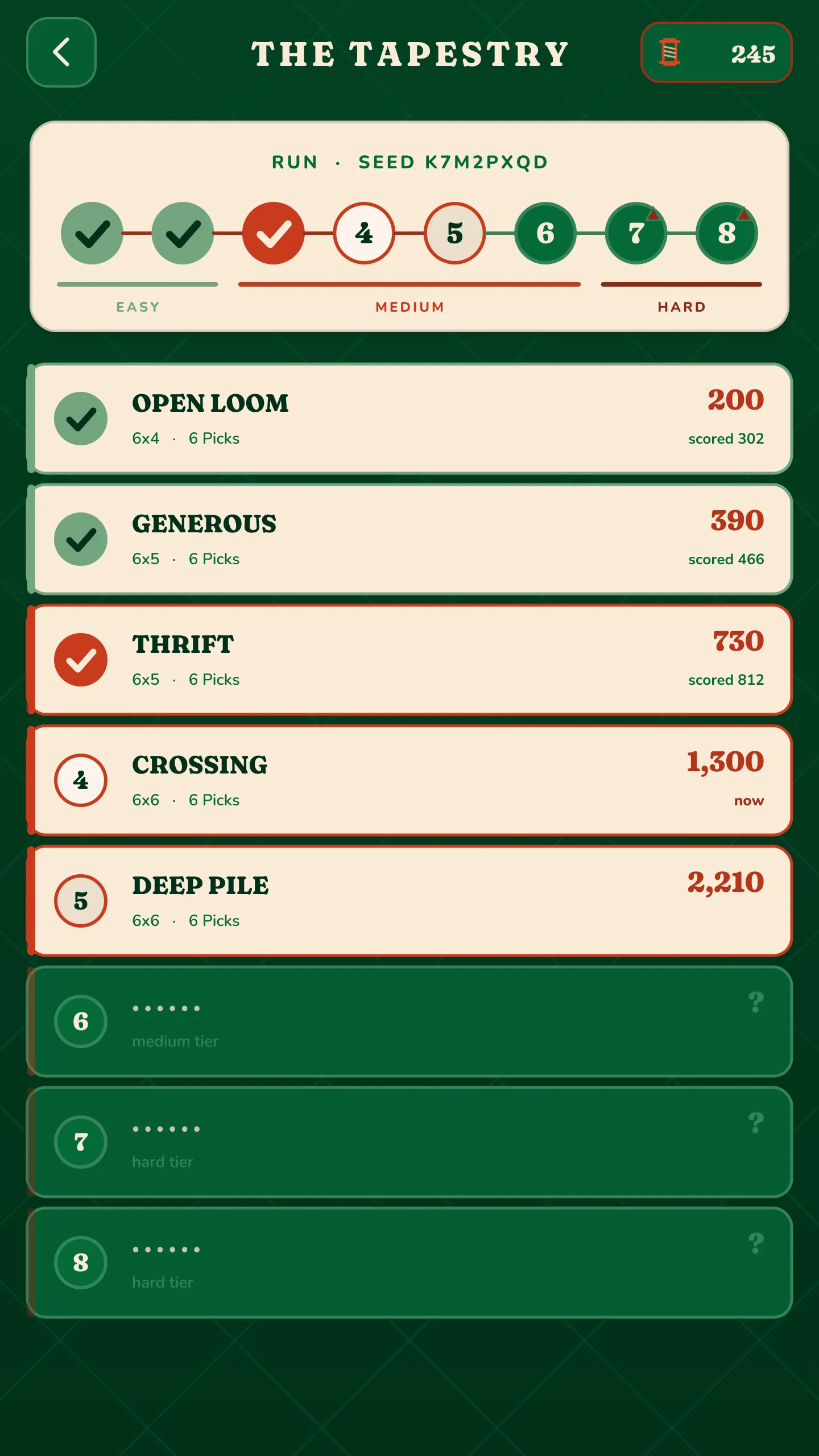 The Tapestry screen: a run of eight weaves on a track split into easy, medium and hard. Open Loom, Generous and Thrift are cleared; Crossing, target 1,300, is being played.