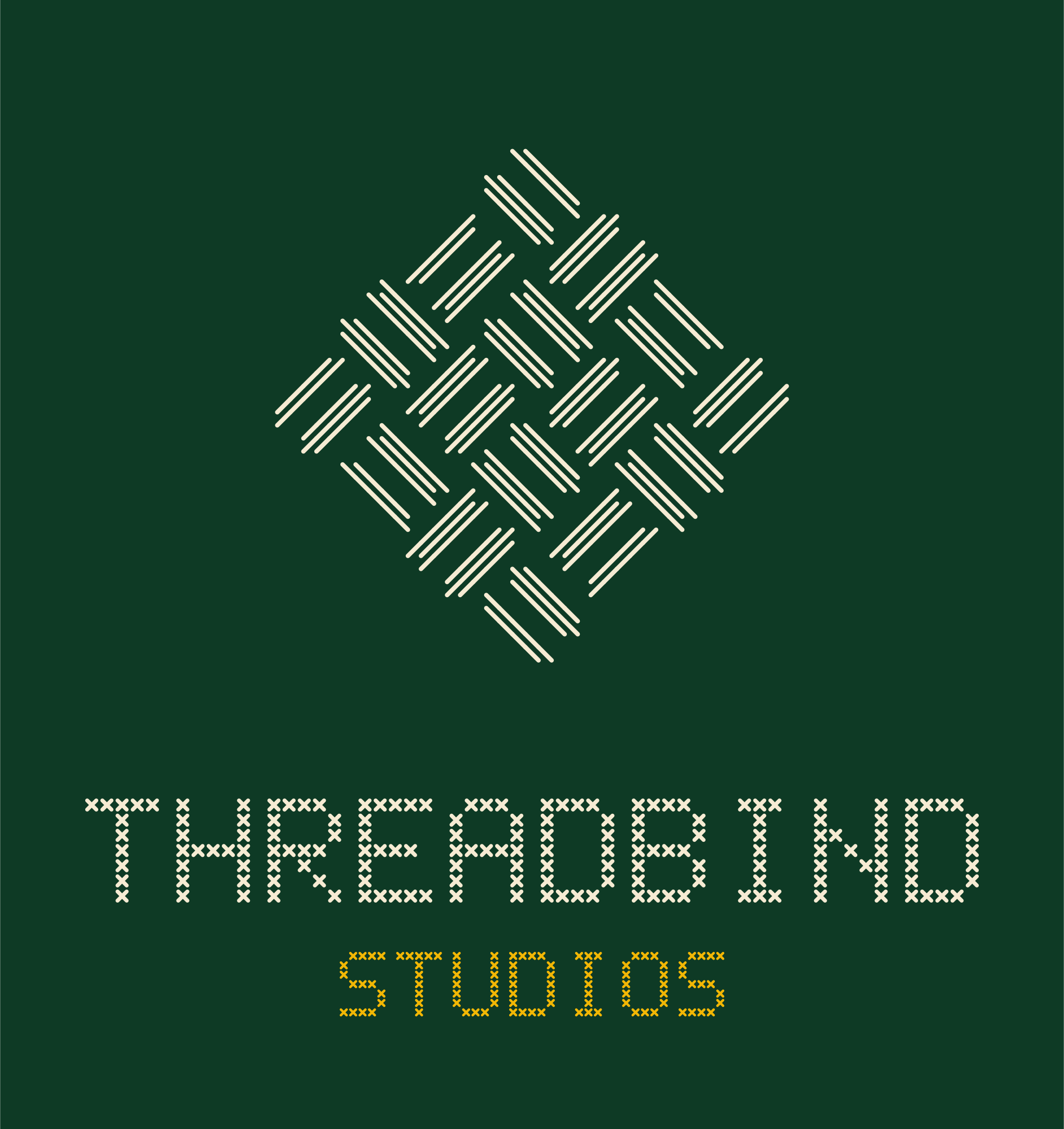 ThreadBind Studios logo: Stitched lattice and wordmark, on forest.